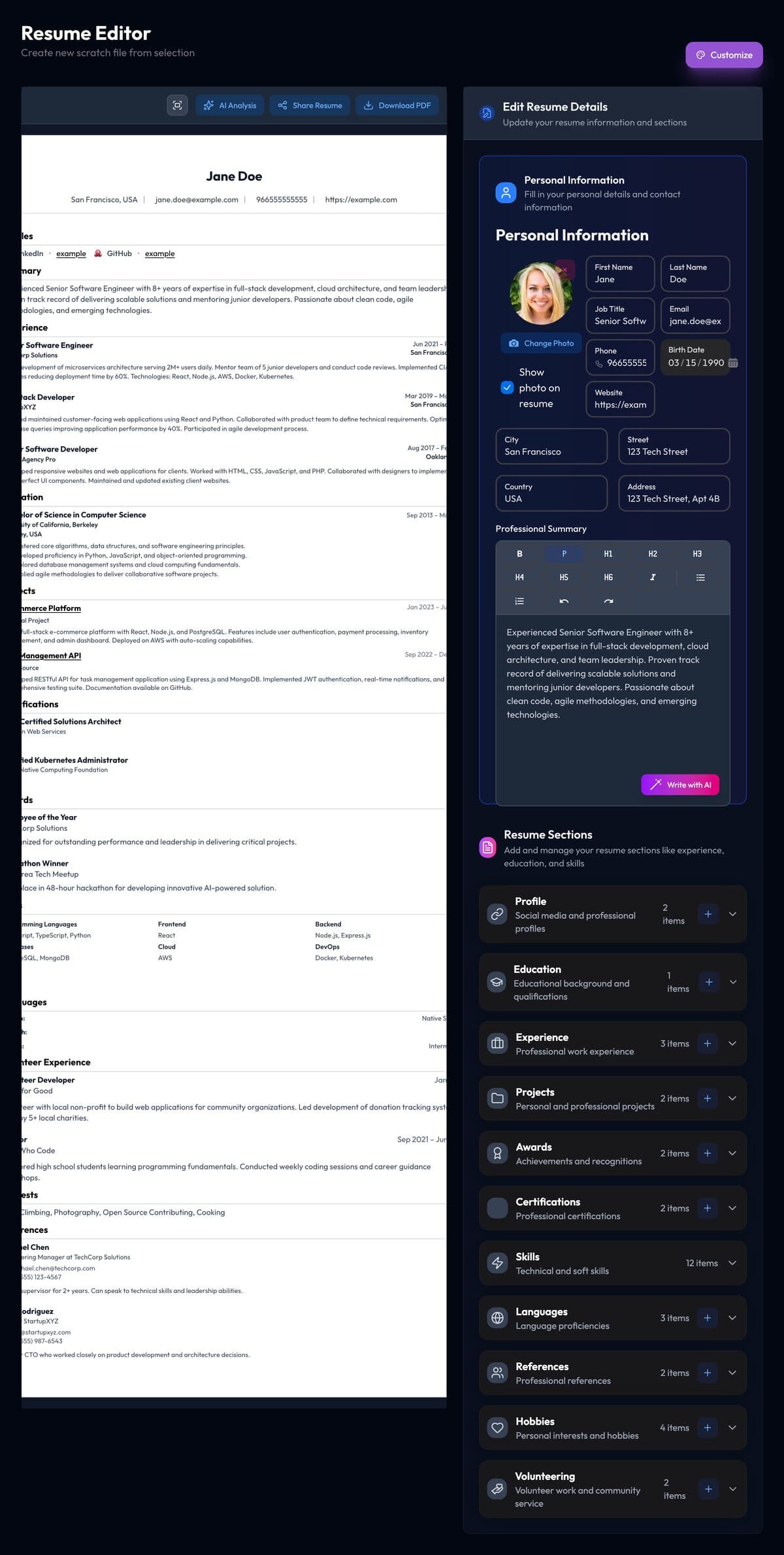 Resume Editor demo screenshot