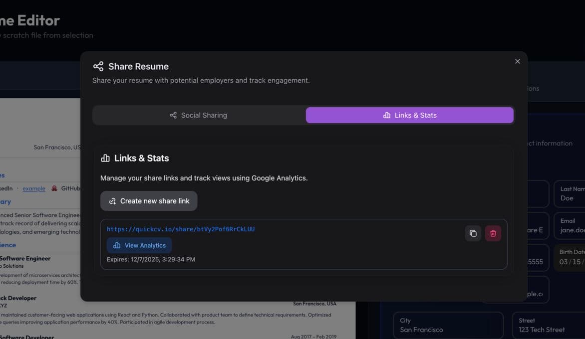 Shareable Resume Link demo screenshot